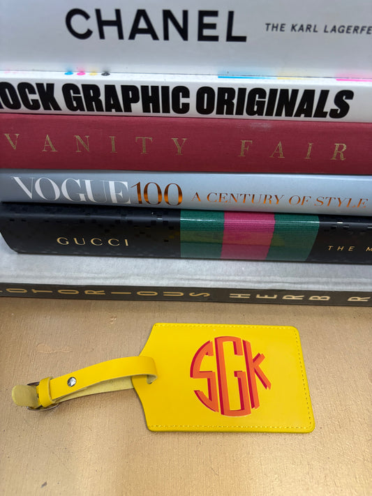 Personalized leather luggage tag yellow with 3 letter modern monogram