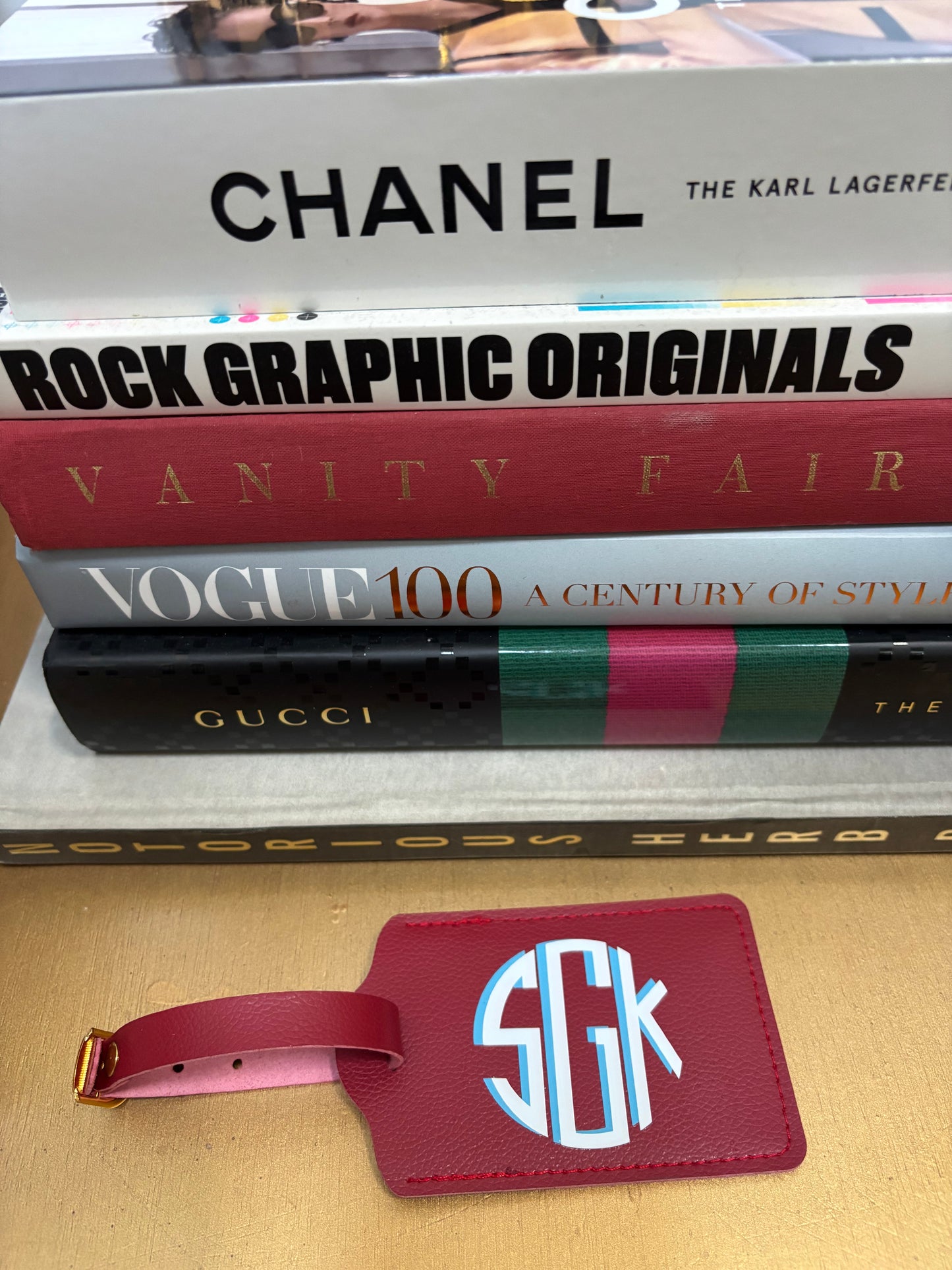 Personalized leather luggage tag red with 3 letter modern monogram