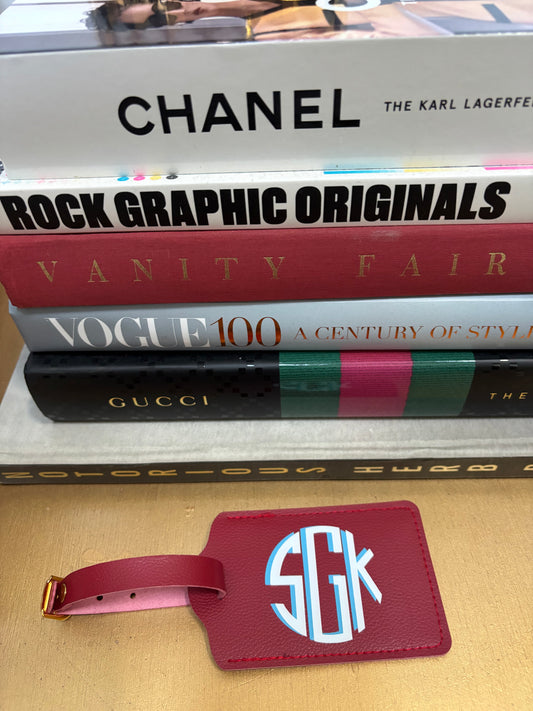 Personalized leather luggage tag red with 3 letter modern monogram
