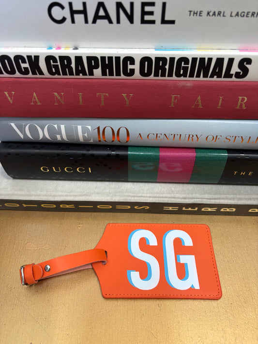 Personalized leather luggage tag orange with 2 letter monogram
