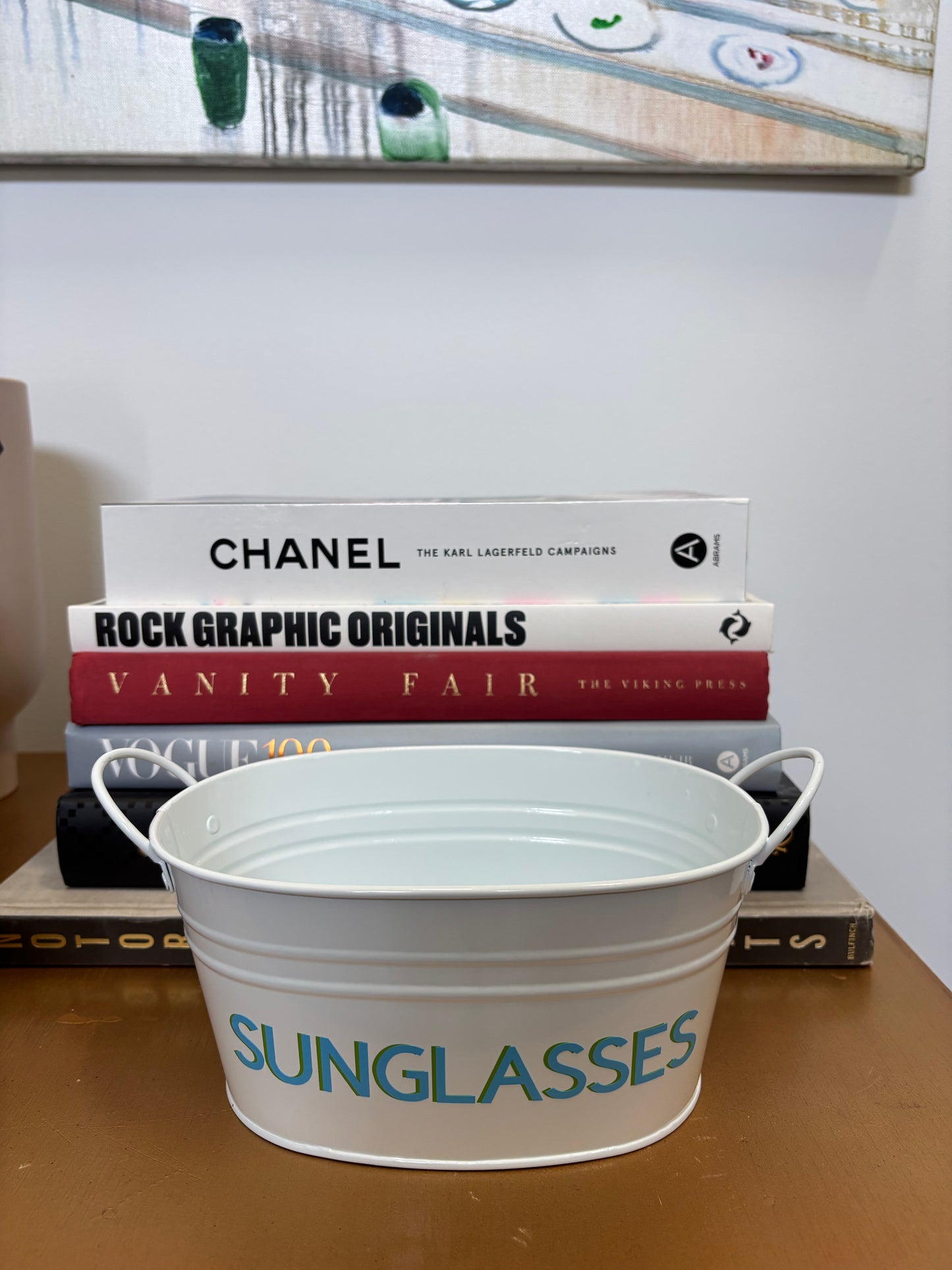 8" white metal tin personalized with SUNGLASSES