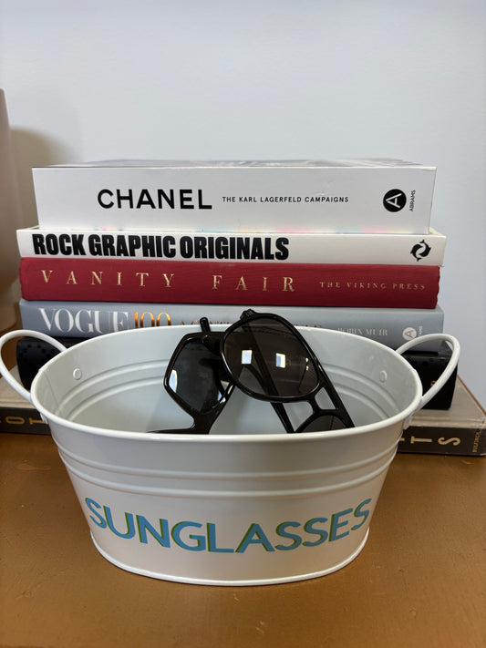 8" white metal tin personalized with SUNGLASSES