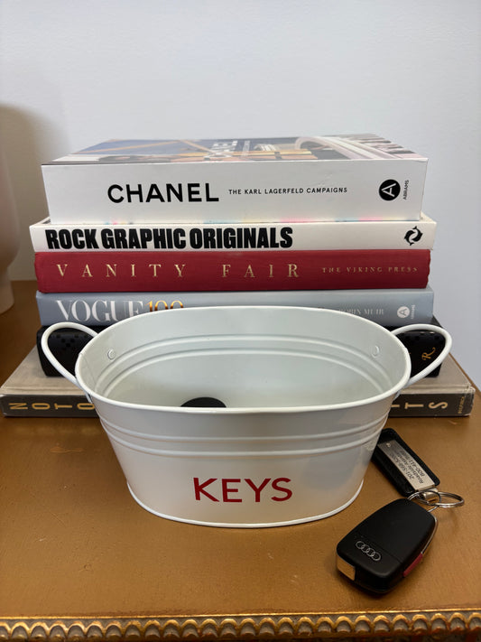 8" white metal tin personalized with KEYS