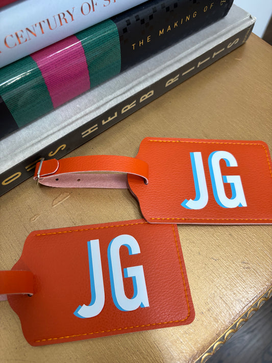 Personalized leather luggage tag orange with 2 letter monogram