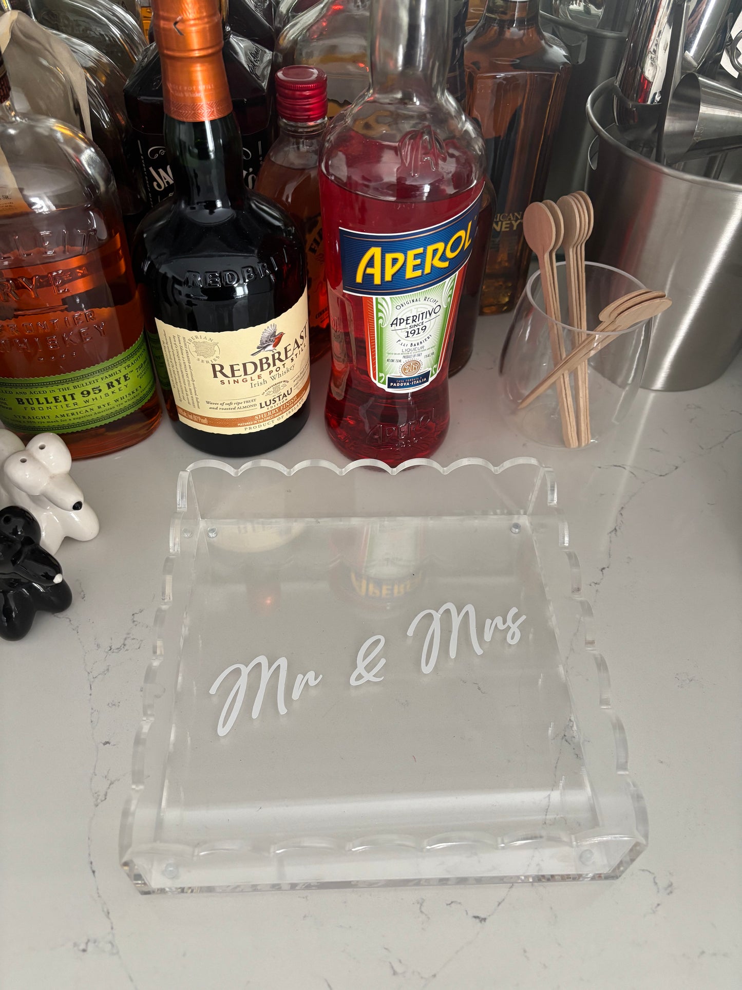Personalized 8” x 8” clear acrylic scalloped edge tray