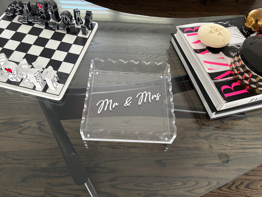 Personalized 8” x 8” clear acrylic scalloped edge tray