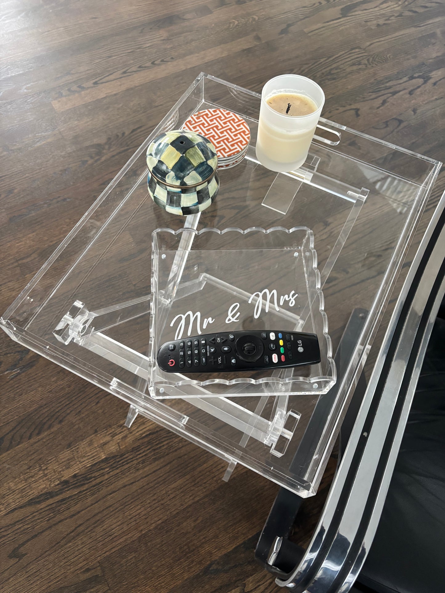 Personalized 8” x 8” clear acrylic scalloped edge tray