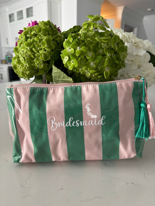Personalized coated travel makeup bag with tassel closure- pink/ green