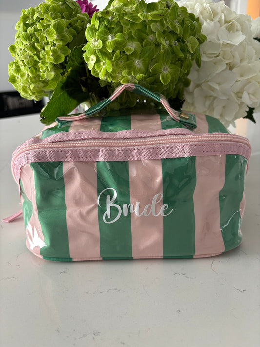 Personalized coated travel makeup bag with 3 compartments - pink/ green