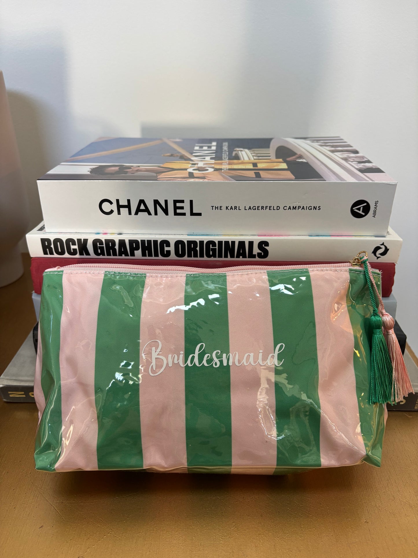 Personalized coated travel makeup bag with tassel closure- pink/ green