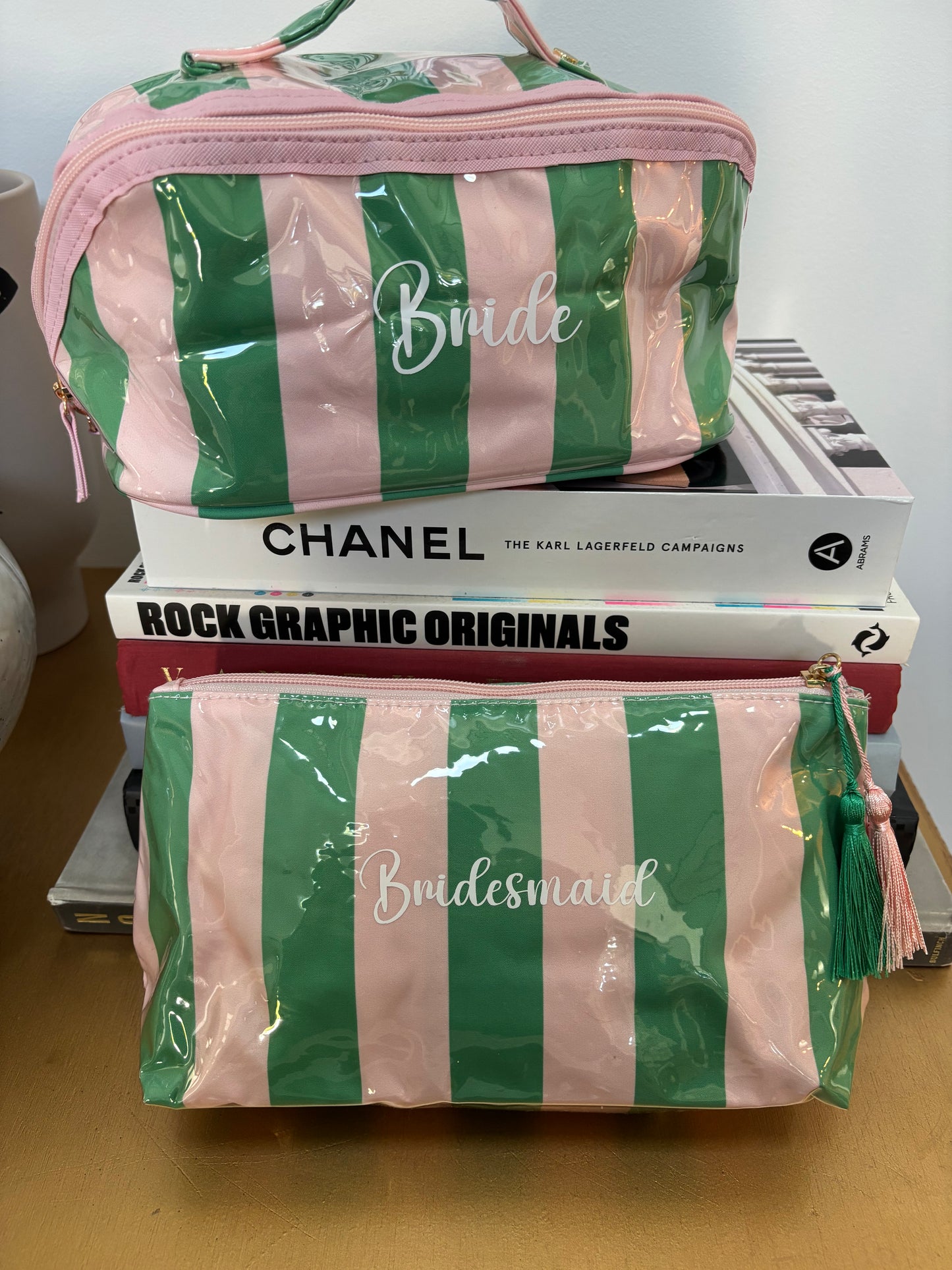 Personalized coated travel makeup bag with tassel closure- pink/ green