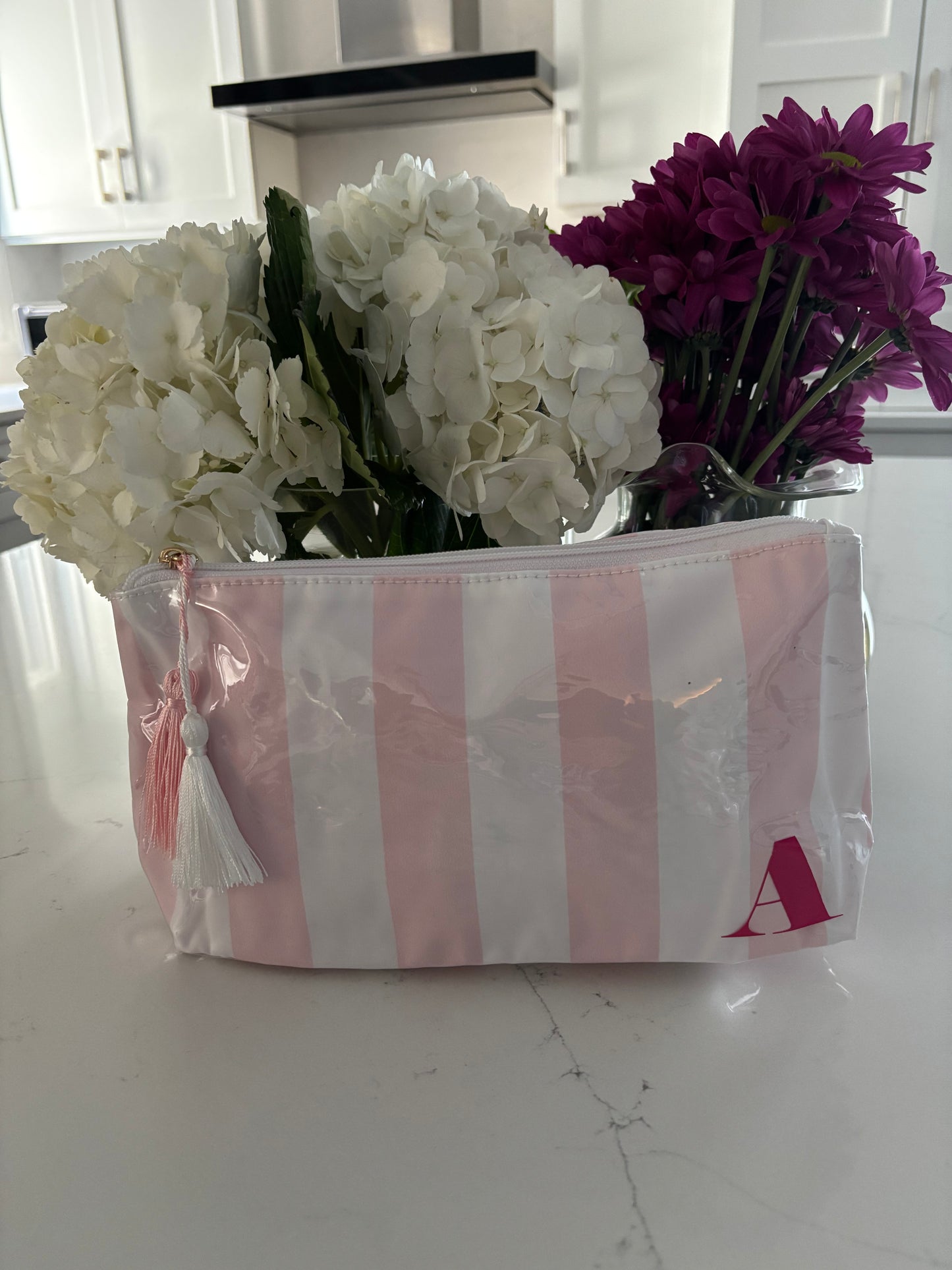 Personalized coated travel makeup bag with tassel closure- pink/ white