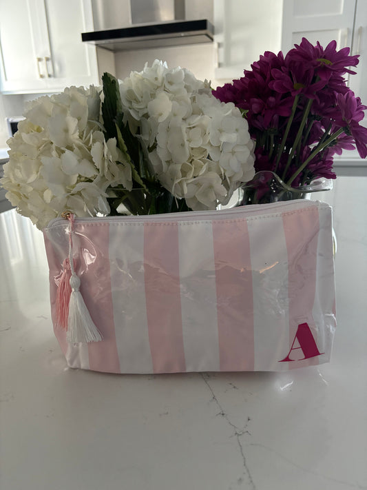 Personalized coated travel makeup bag with tassel closure- pink/ white