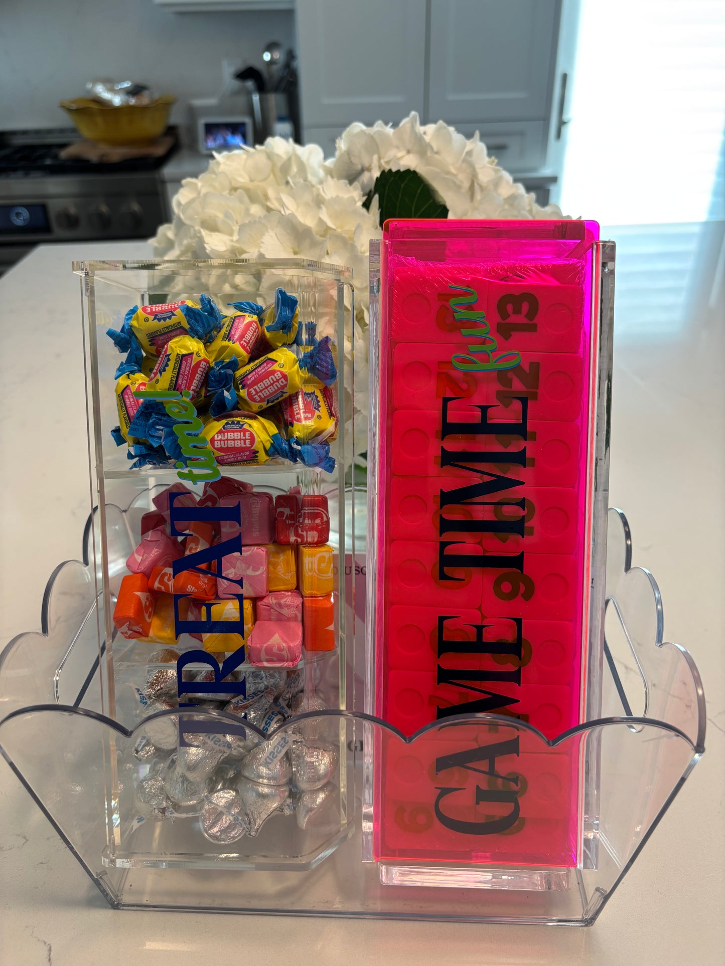 acrylic rummikub set and acrylic 3 compartment TREAT TIME box bundle (candy included)