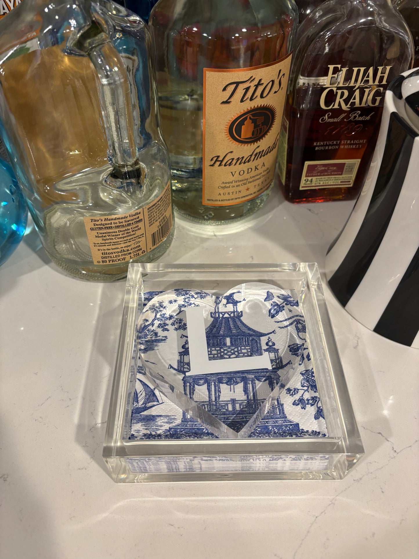 Personalized 6” x 6” acrylic cocktail napkin holder with one letter monogram acrylic heart weight