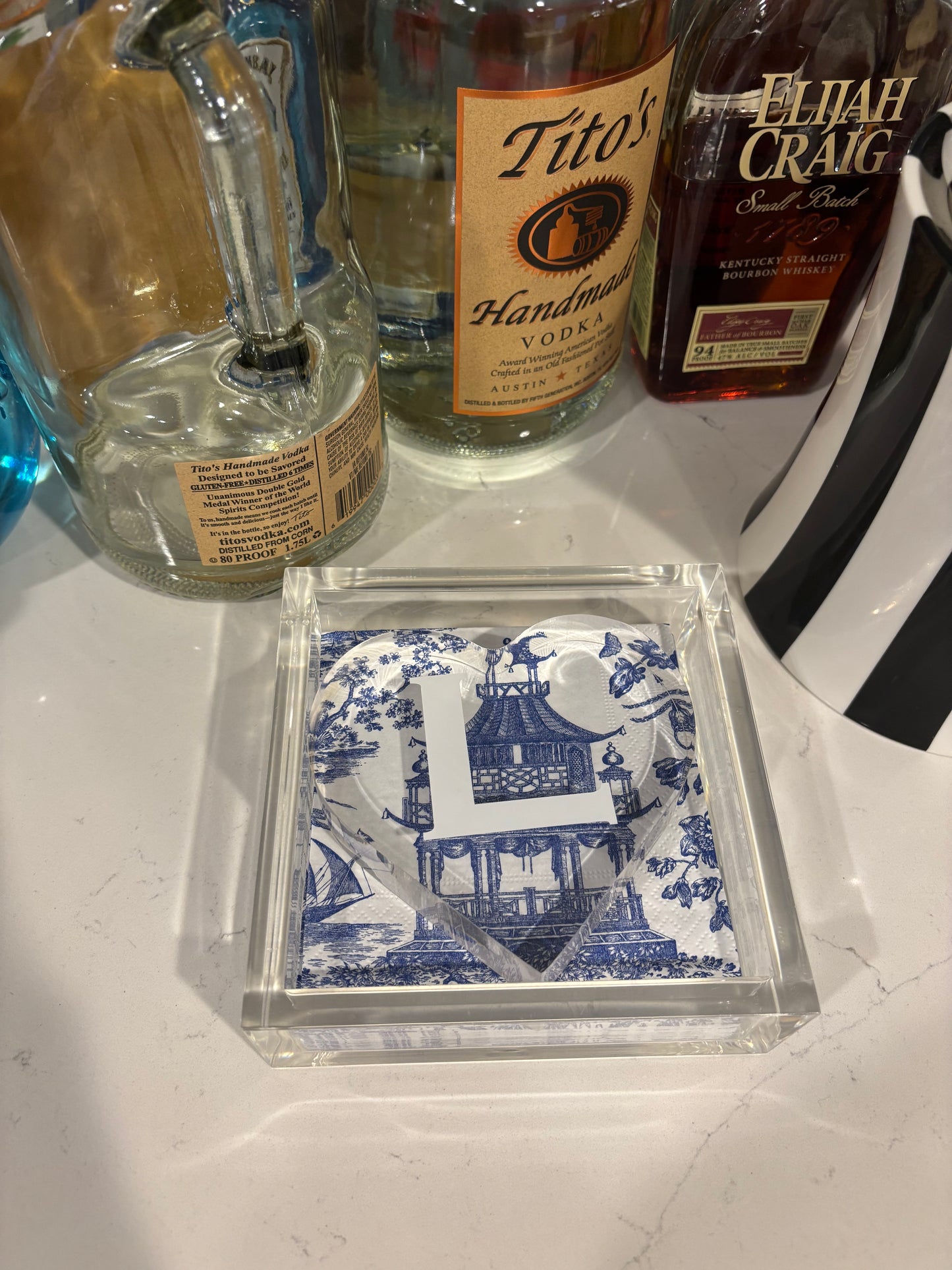 Personalized 6” x 6” acrylic cocktail napkin holder with one letter monogram acrylic heart weight