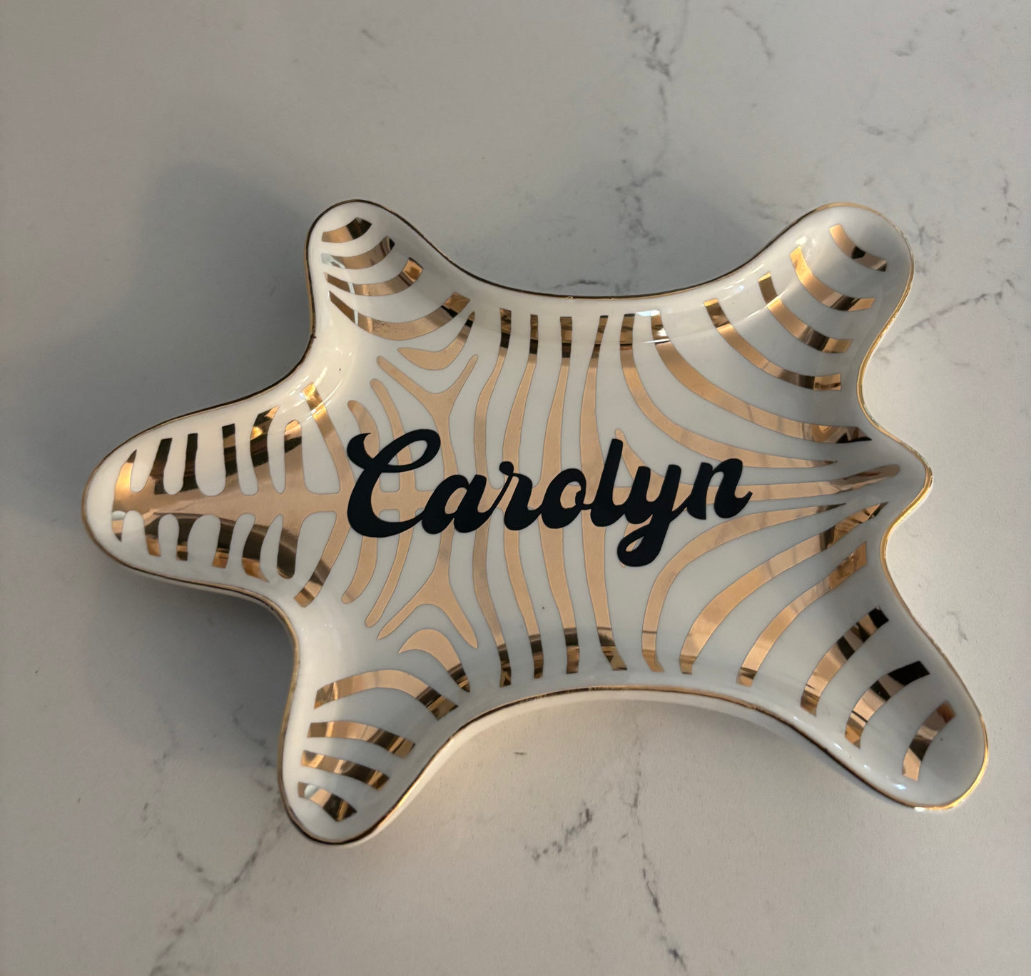 Personalized 4.5” x 7” ceramic gold animal jewelry tray