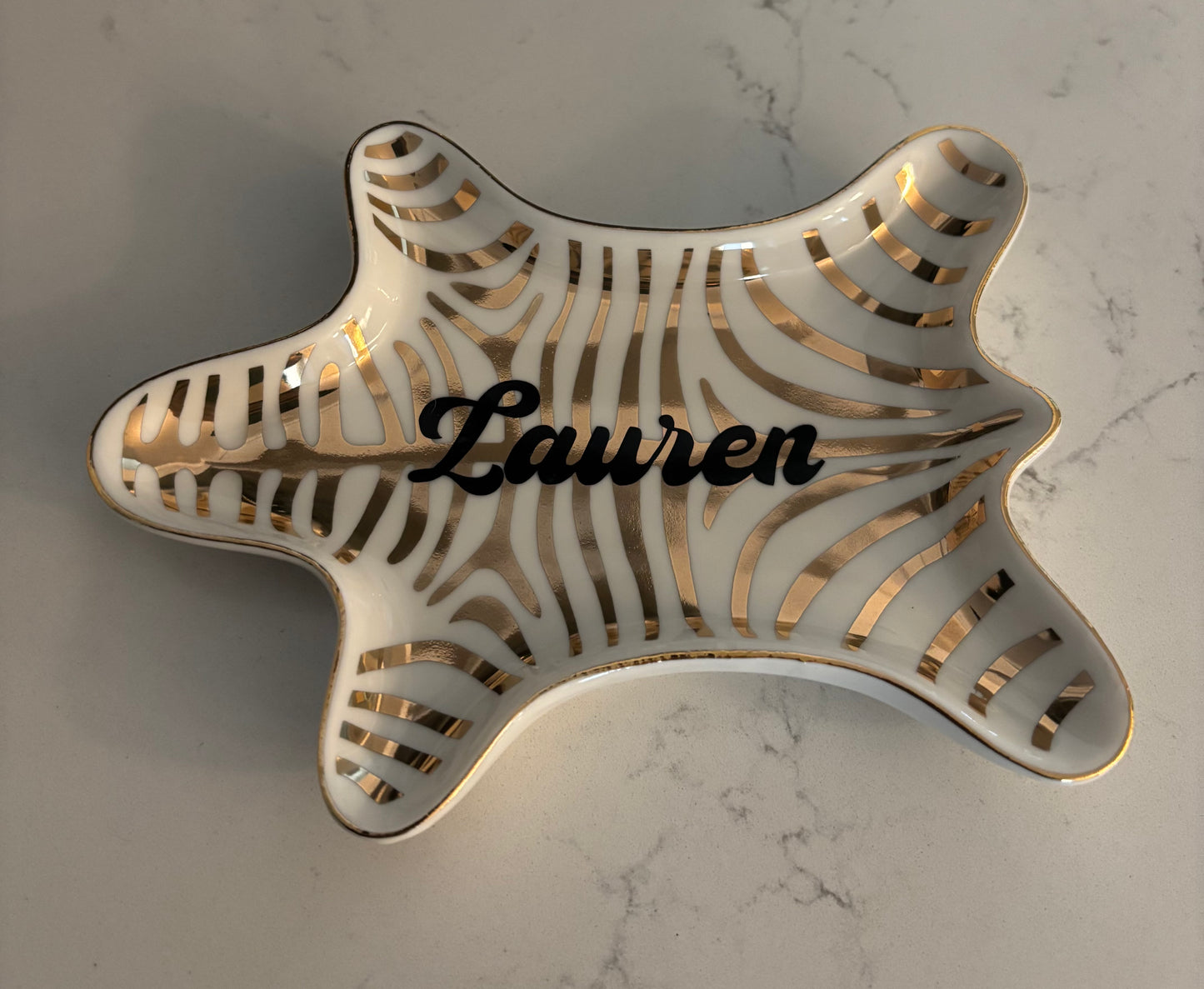 Personalized 4.5” x 7” ceramic gold animal jewelry tray