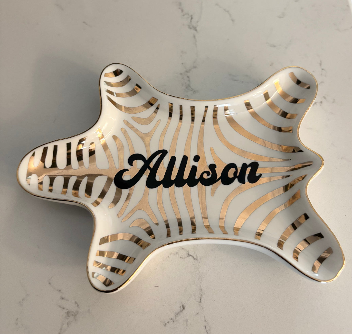 Personalized 4.5” x 7” ceramic gold animal jewelry tray