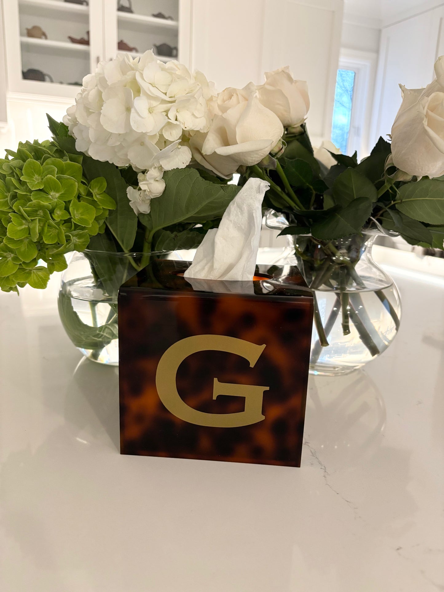 Personalized 5" x 5" tortoise acrylic tissue box cover with monogram