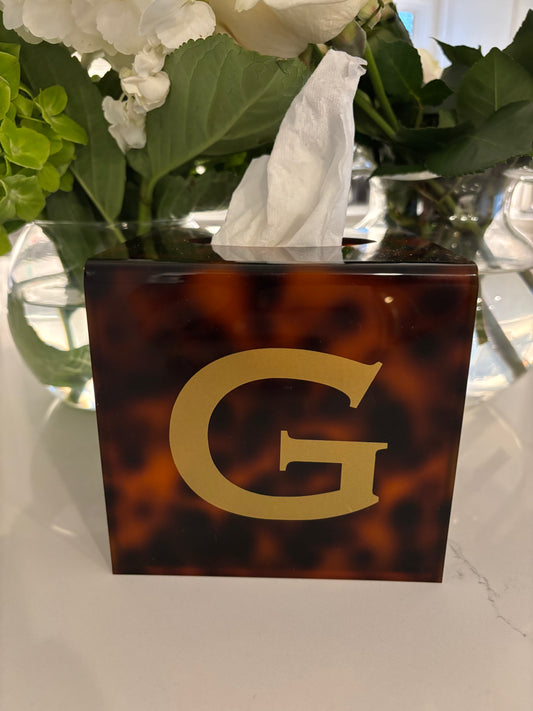 Personalized 5" x 5" tortoise acrylic tissue box cover with monogram