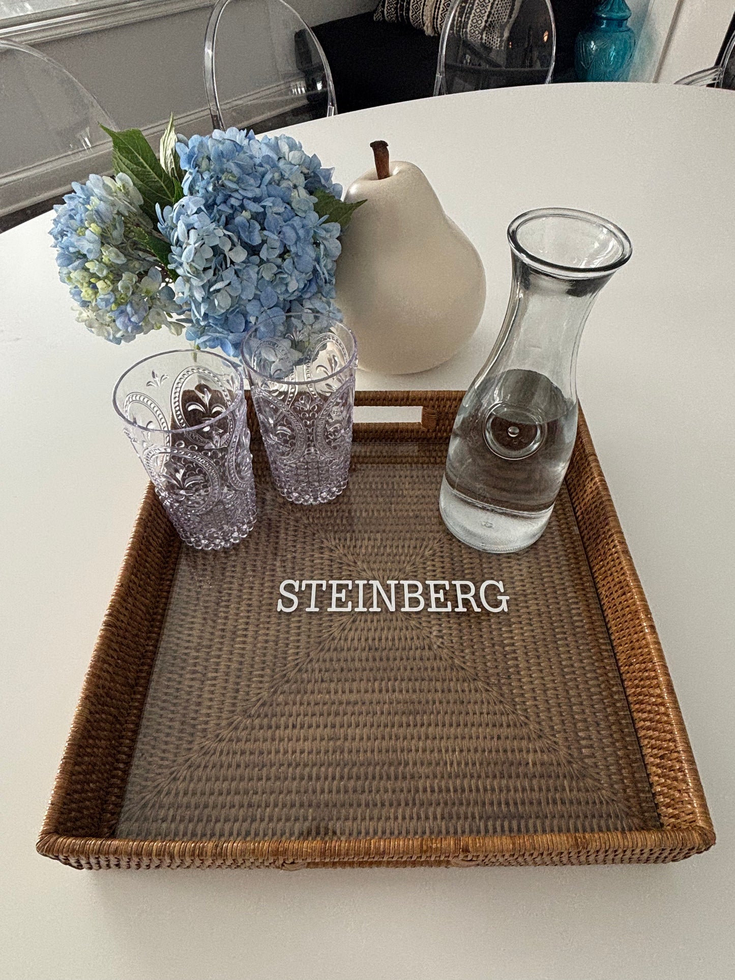 Personalized 16" rattan tray with glass insert