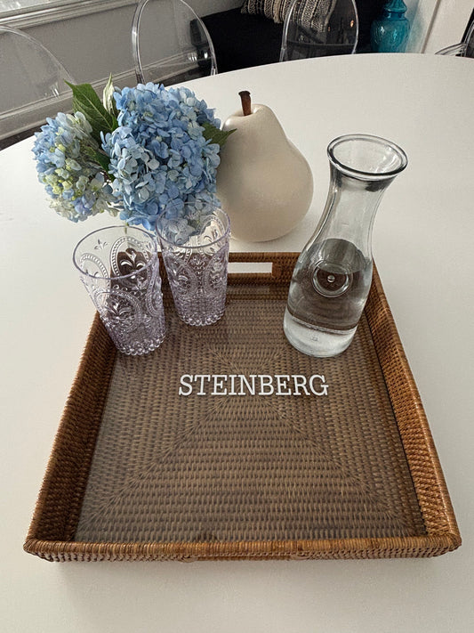 Personalized 16" rattan tray with glass insert