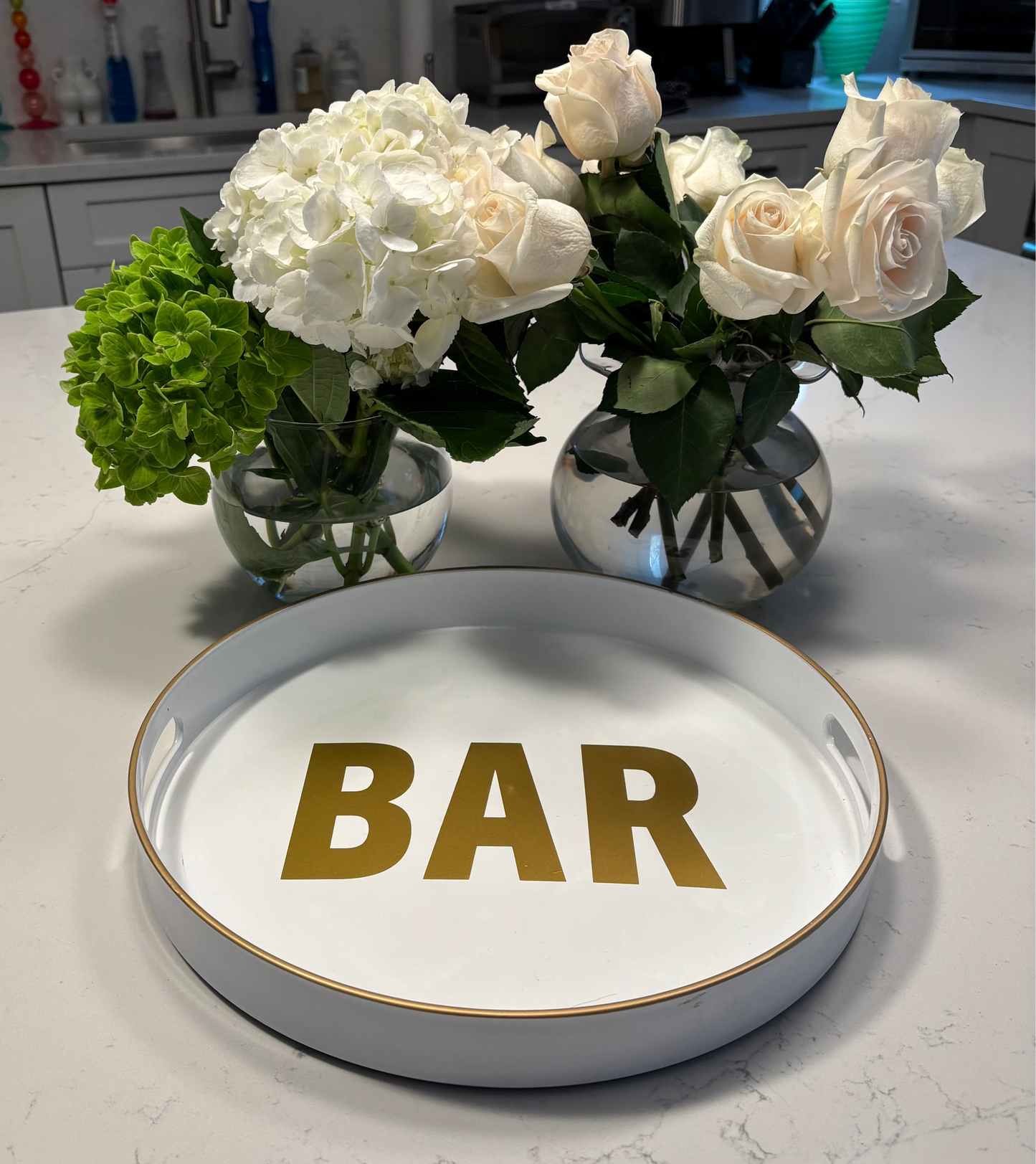 Personalized 13" opaque white round tray with bar in the center