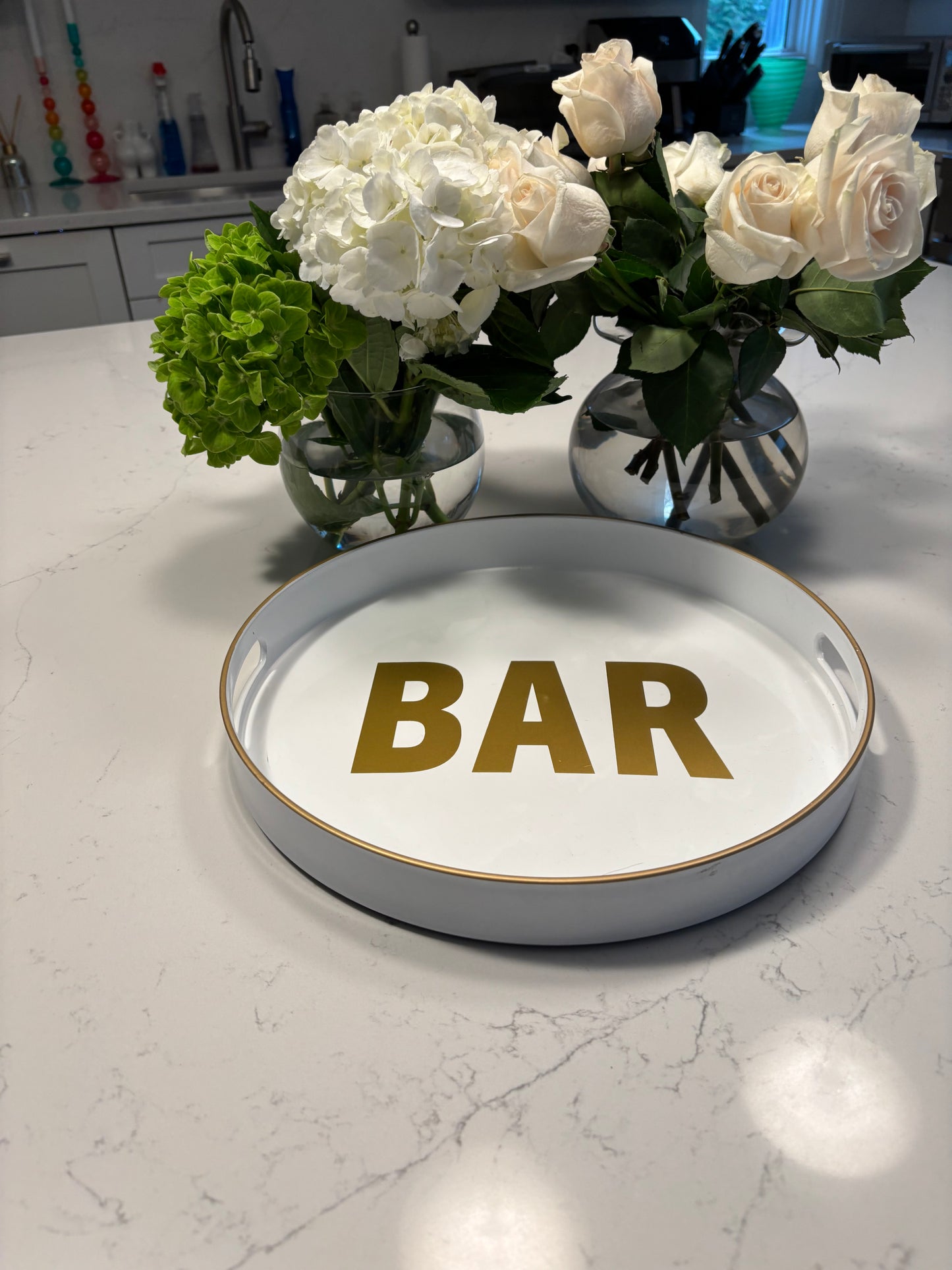 Personalized 13" opaque white round tray with bar in the center