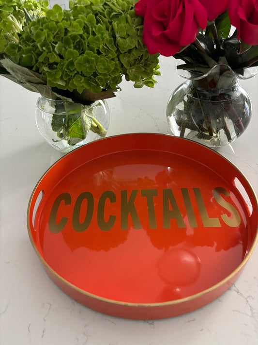 Pesonalized 13" opaque orange round tray with COCKTAILS in the center