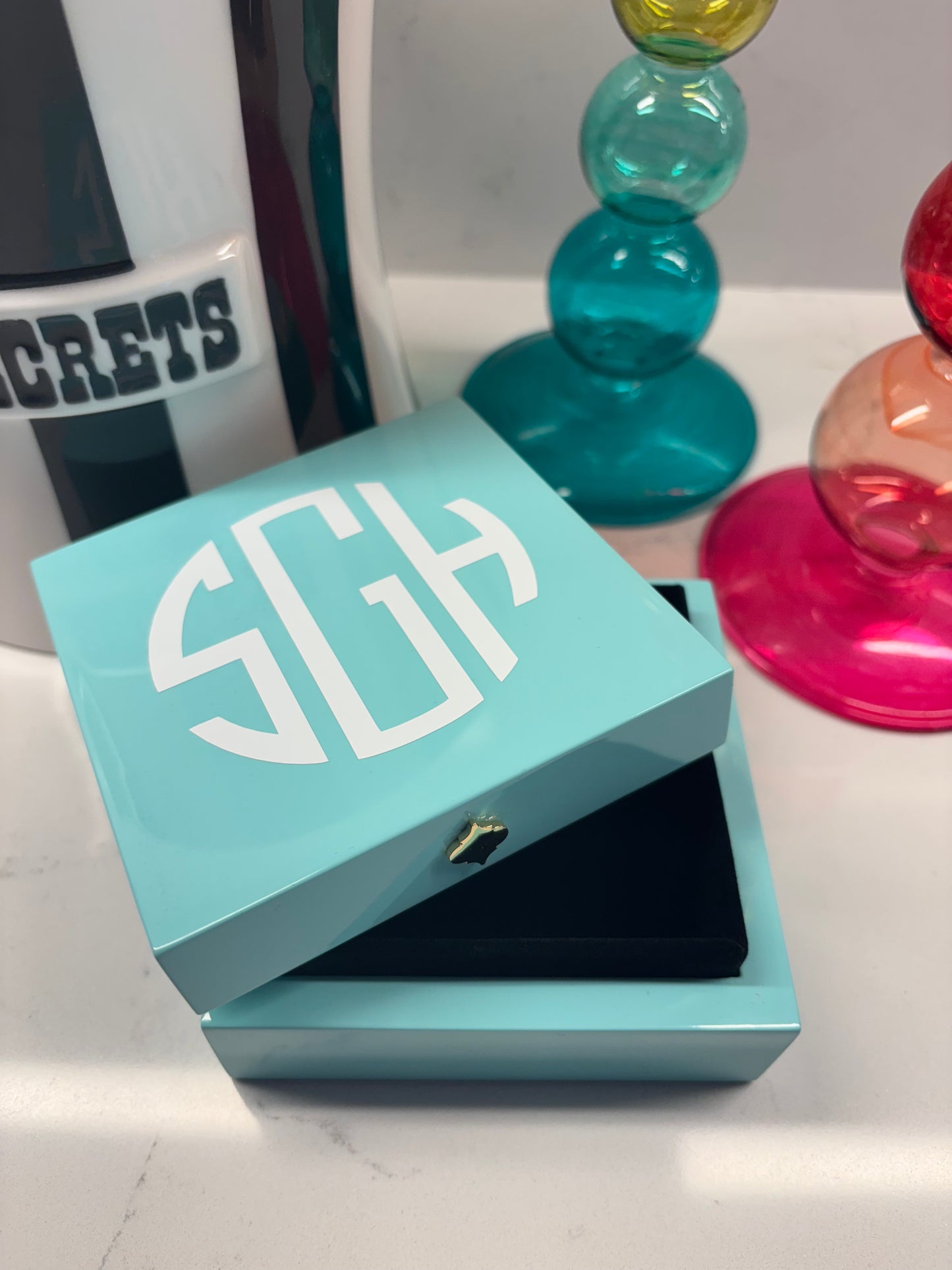 Personalized  4" x 4" bright turquoise keepsake box -modern monogram or name