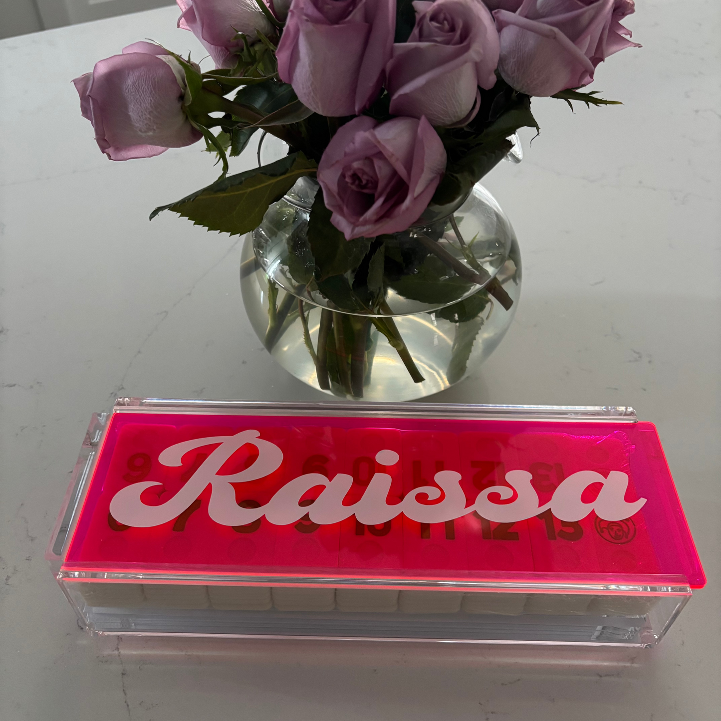 Personalized acrylic rummikub set - transparent hot pink