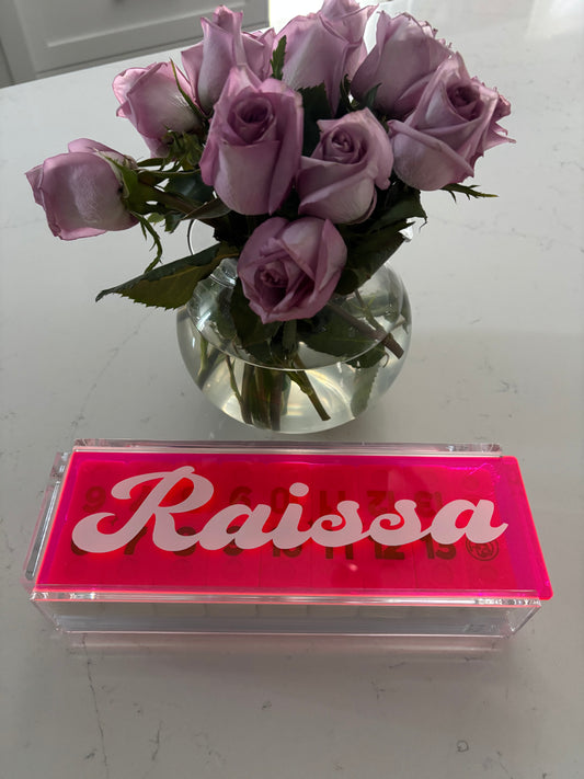 Personalized acrylic rummikub set - transparent hot pink