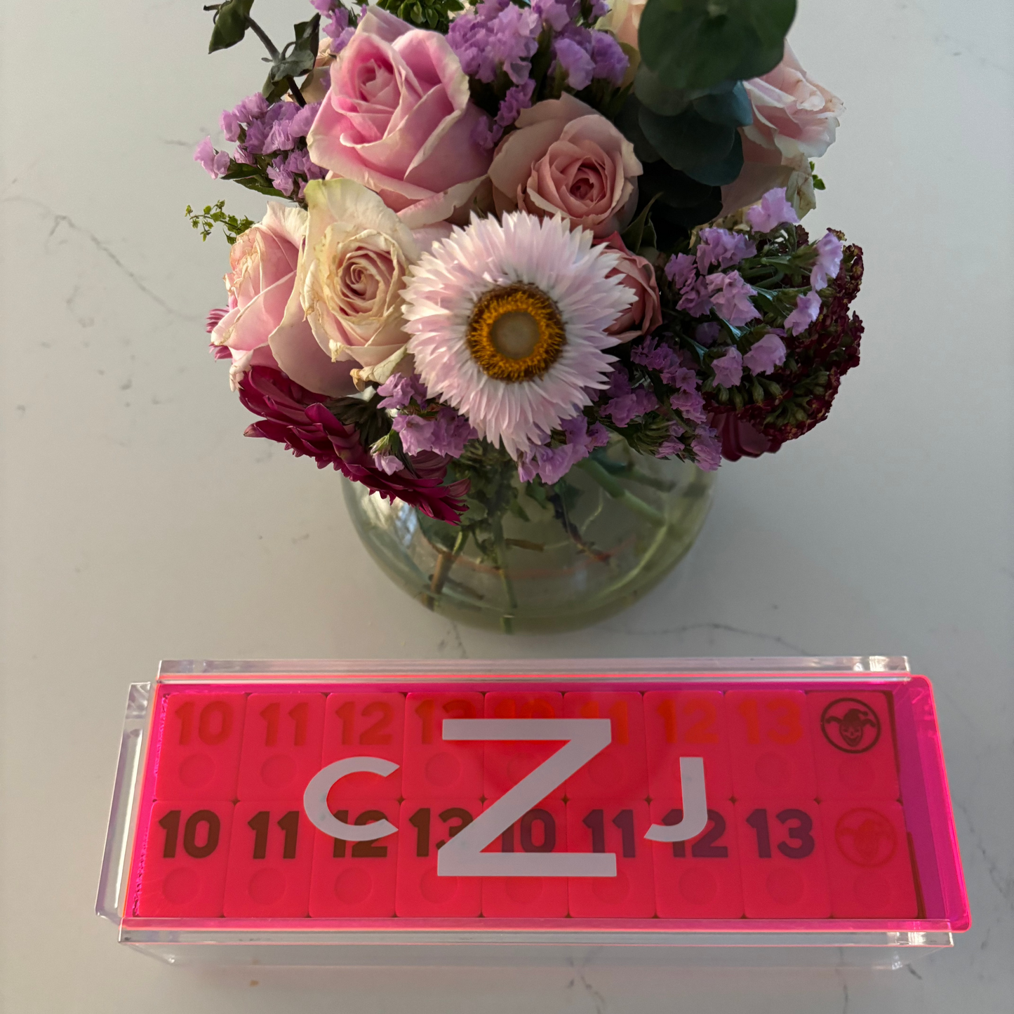 Personalized acrylic rummikub set - transparent hot pink