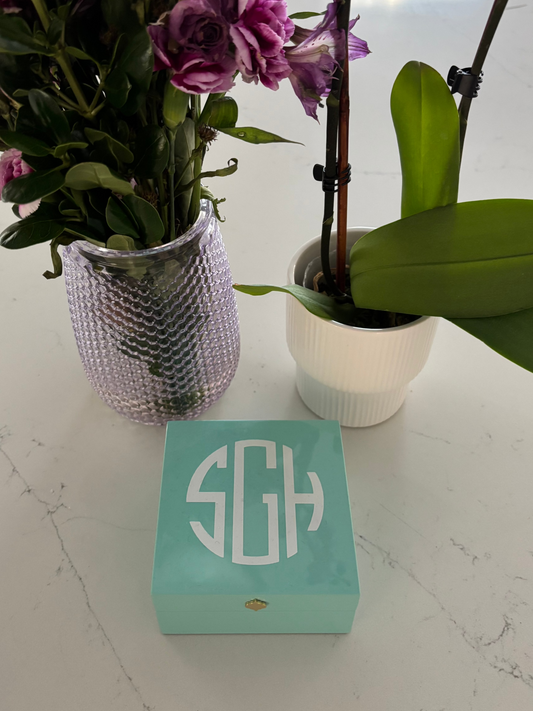 Personalized  4" x 4" bright turquoise keepsake box -modern monogram or name