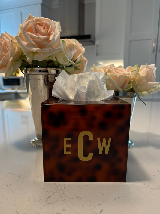 Personalized 5" x 5" tortoise acrylic tissue box cover with classic monogram