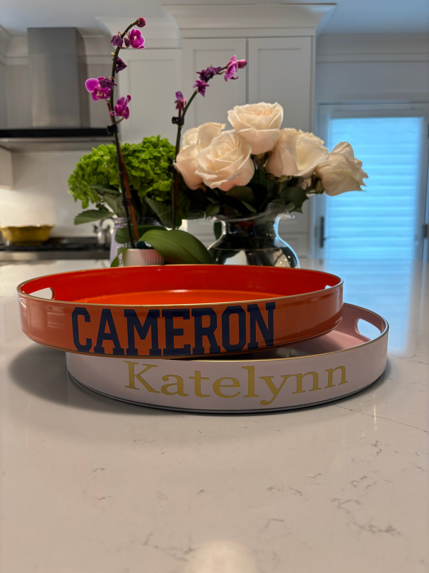 Pesonalized 13" opaque orange round tray with your name on the side