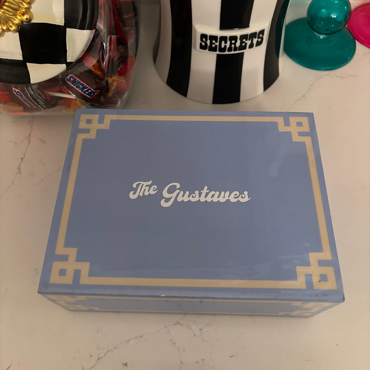 Personalized light blue 8" x 6" catchall box with any name