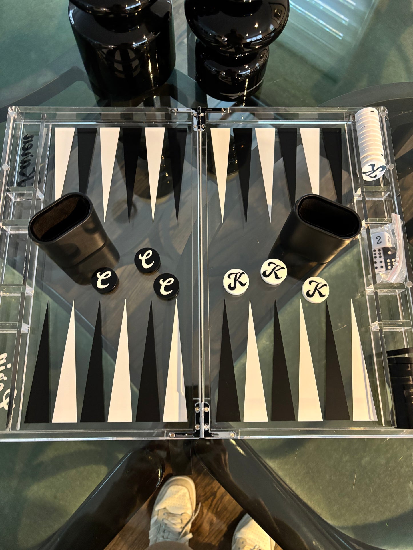 Personalized acrylic backgammon set - black and white with tiles monogrammed