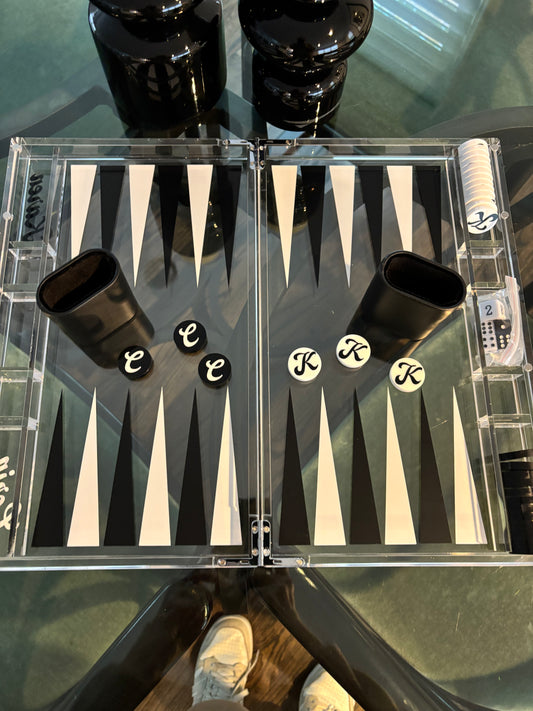Personalized acrylic backgammon set - black and white with tiles monogrammed