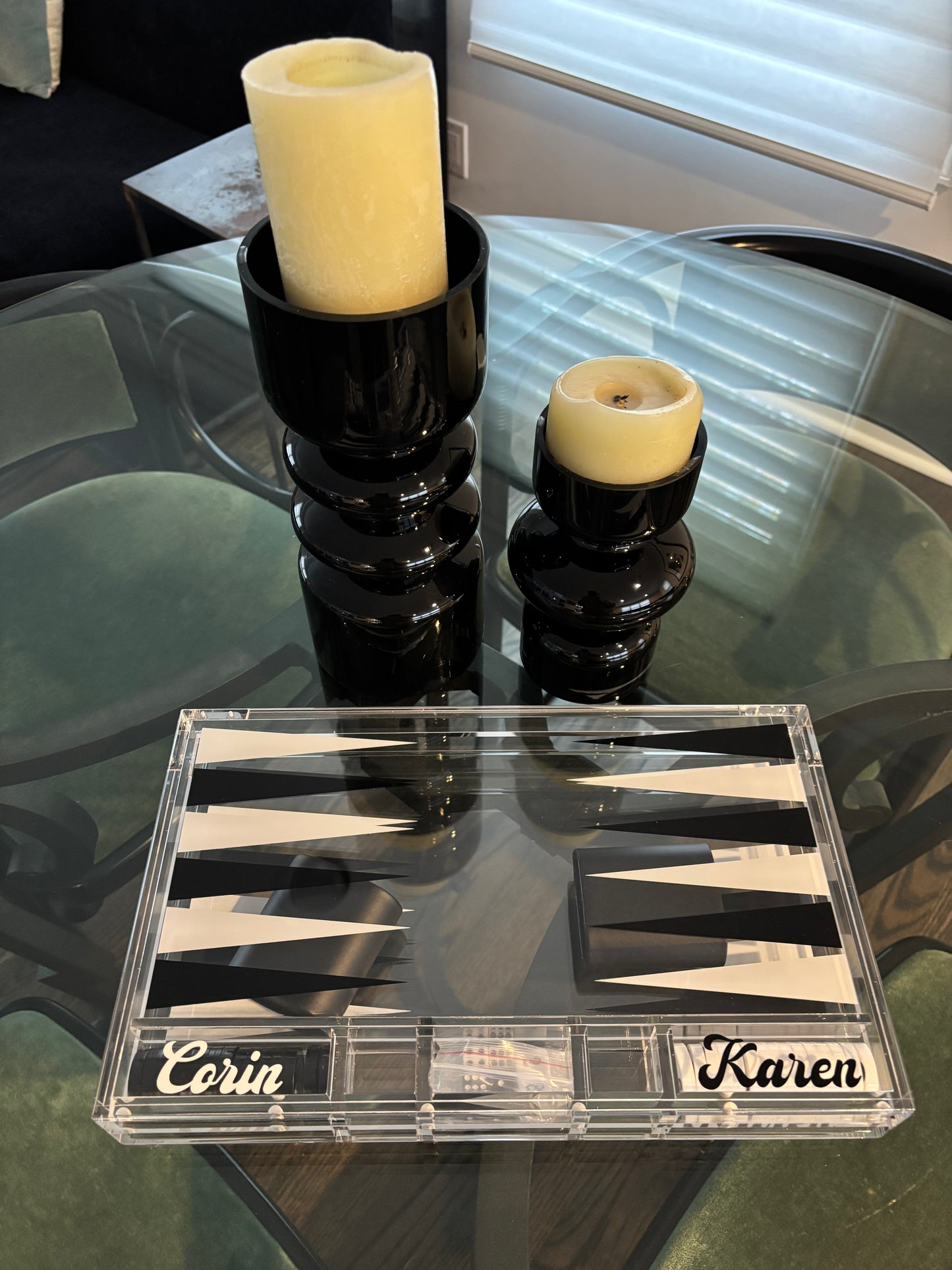 Personalized acrylic backgammon set - black and white with tiles monogrammed