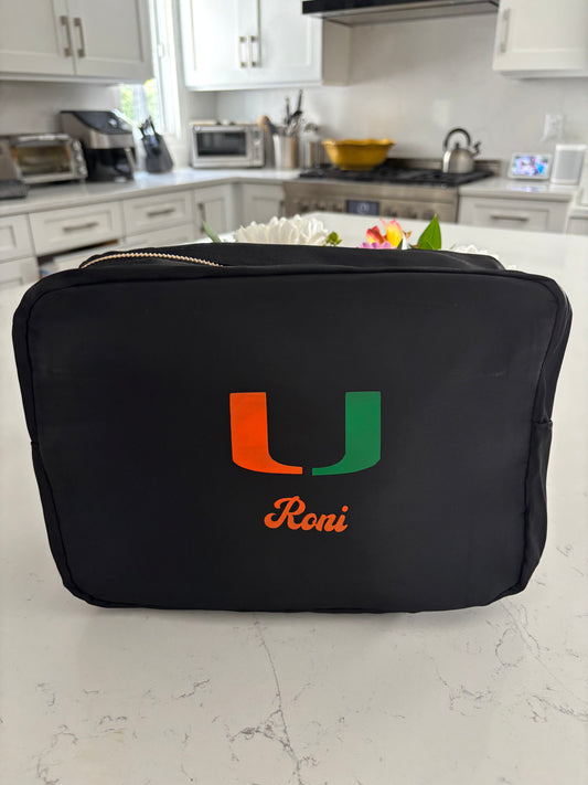 Personalized black nylon makeup bag with your college and name