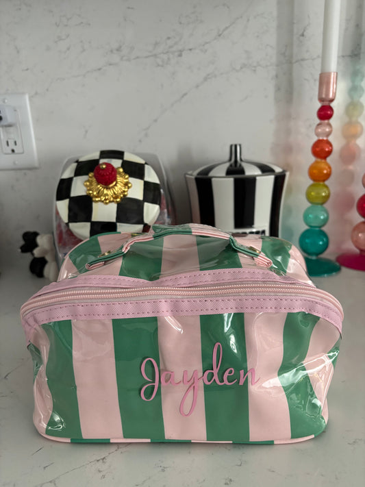 Personalized coated makeup bag with tassle closure- pale pink/green- large