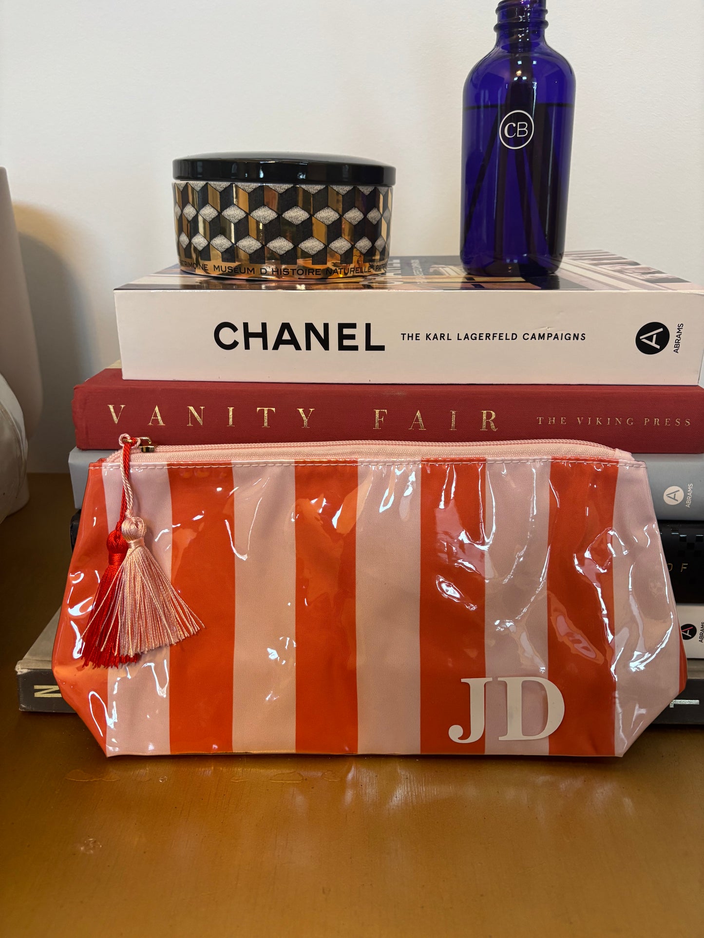 Personalized coated makeup bag with tassle closure- pale pink/red- medium