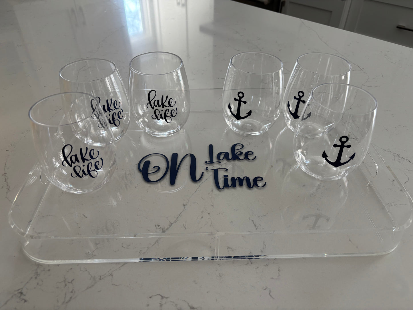 Personalized Acrylic Tray & Stemless Wine Glass Set - Lake Life