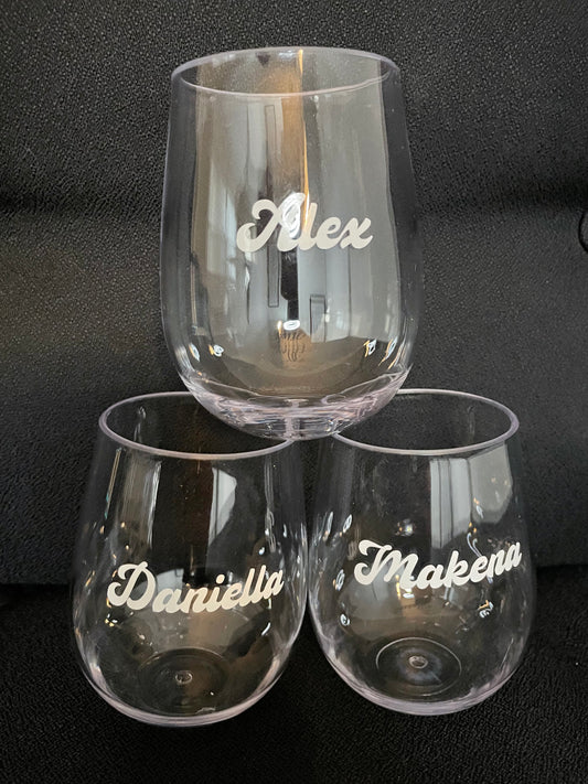 Personalized 17 ounce acrylic stemless wine glasses