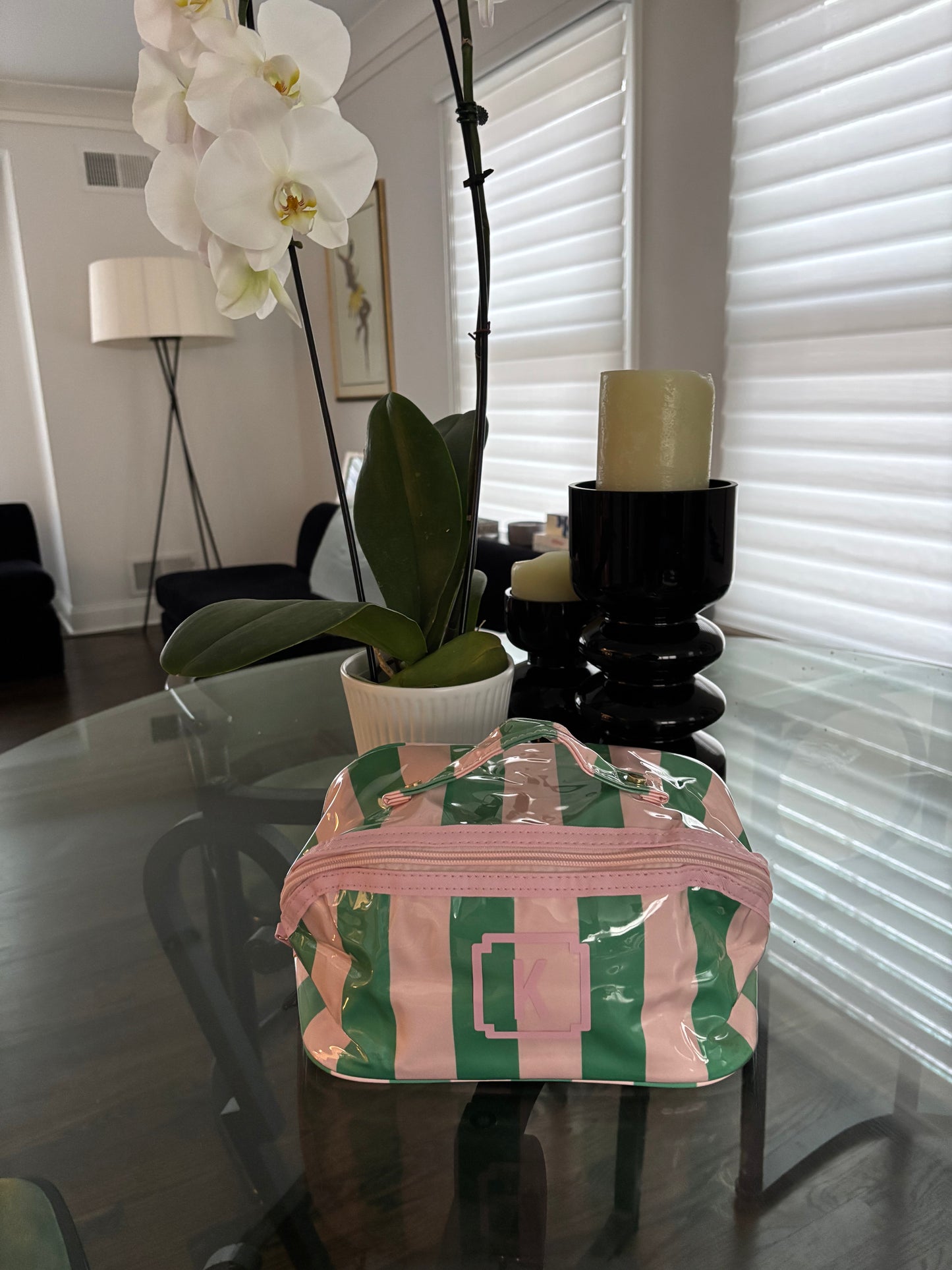 Personalized coated makeup bag with tassle closure- pale pink/green- large