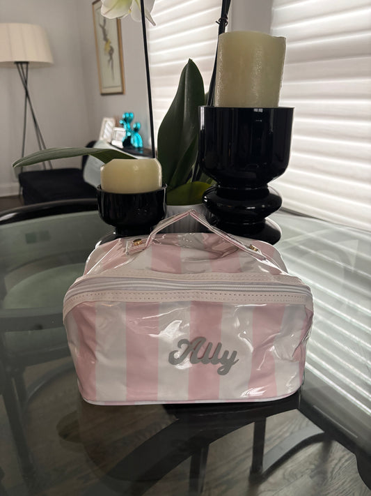 Personalized coated makeup bag with tassle closure- pale pink/white- large
