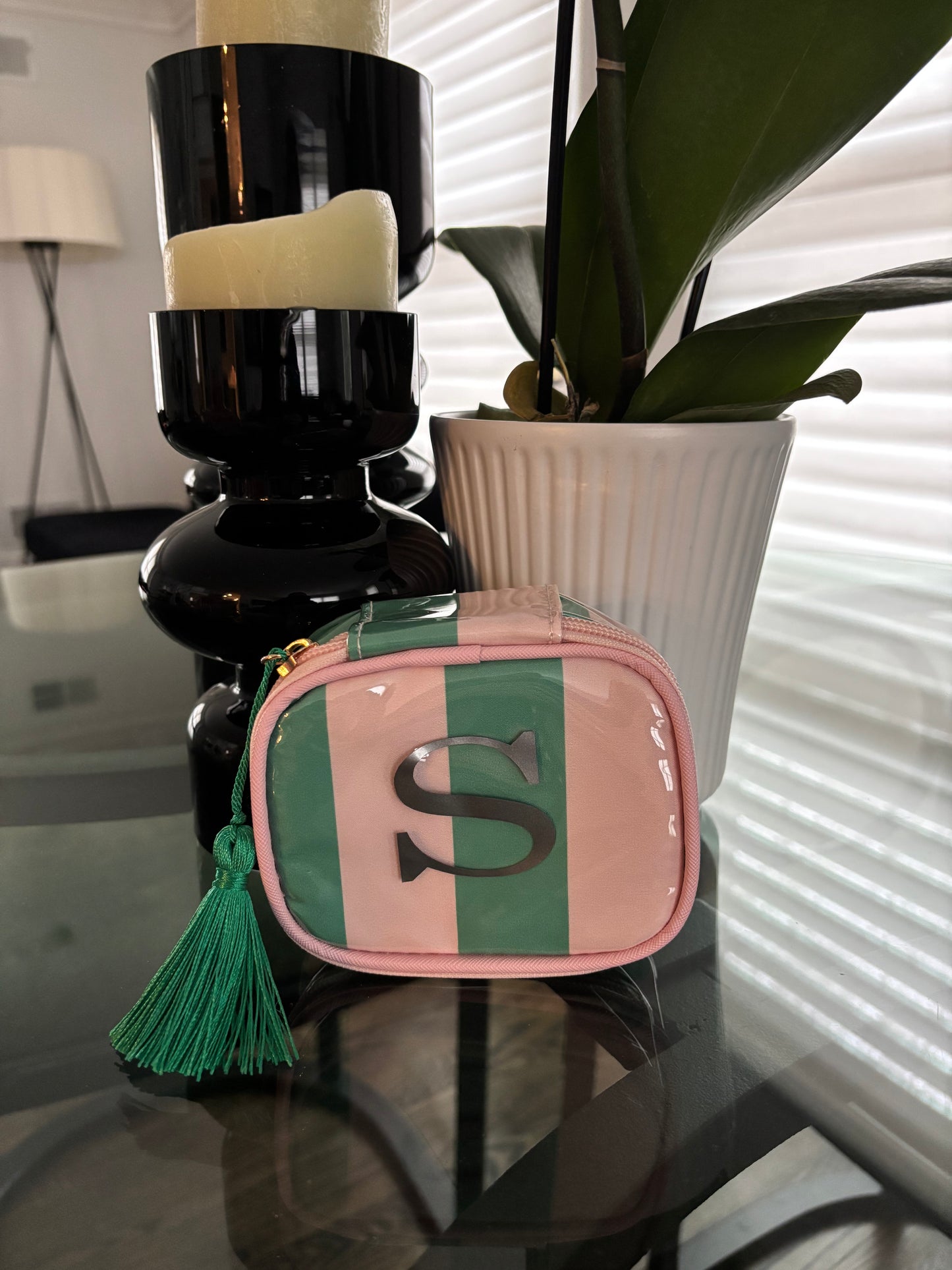 Personalized coated travel jewelry bag with tassel closure- pale pink / green