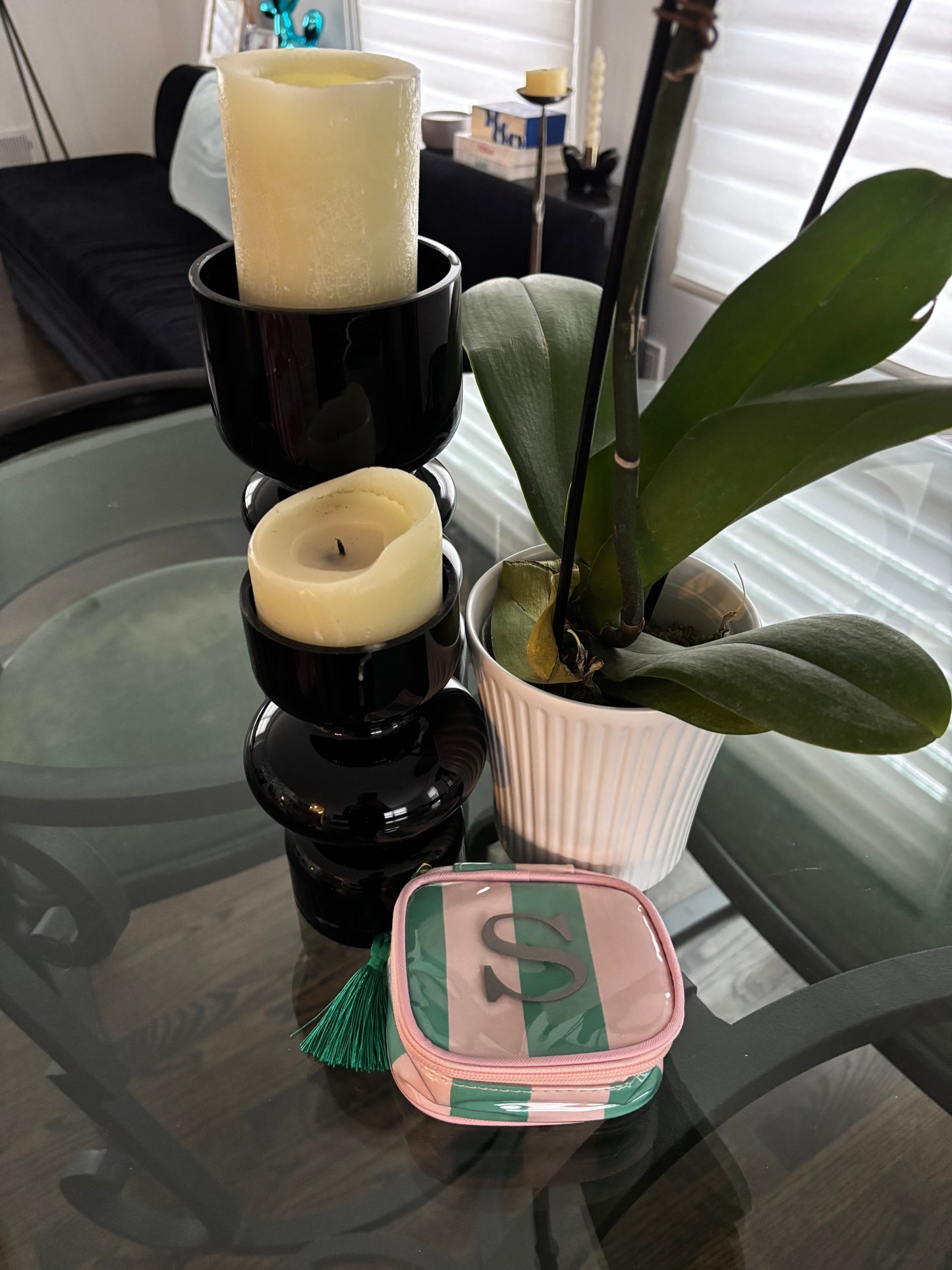 Personalized coated travel jewelry bag with tassel closure- pale pink / green